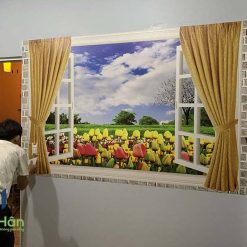 Mẫu tranh dán tường cửa sổ hoa lá