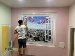 Thi công tranh dán tường cửa sổ 3d