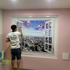 Thi công tranh dán tường cửa sổ 3d