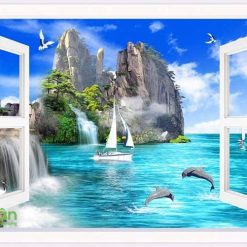 Mẫu tranh dán tường cửa sổ 3d biển cả