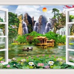 Tranh dán tường cửa sổ 3d hoa sen