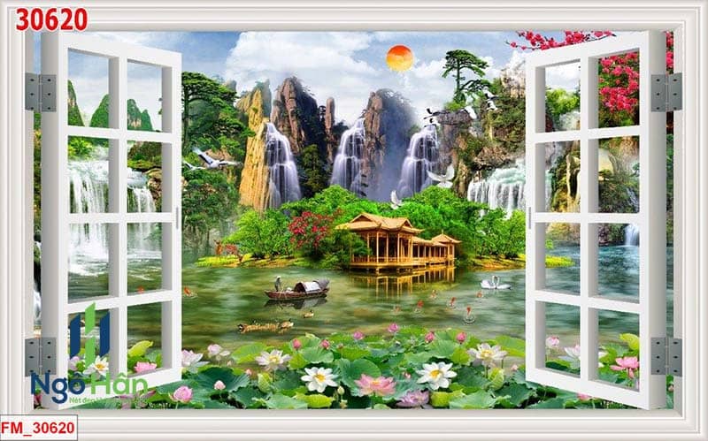 Tranh dán tường cửa sổ 3d hoa sen