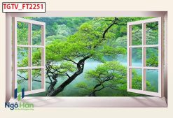 Tranh dán tường cửa sổ 3d núi rừng