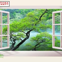 Tranh dán tường cửa sổ 3d núi rừng