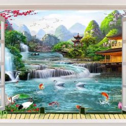Tranh dán tường cửa sổ 3d phong thuỷ