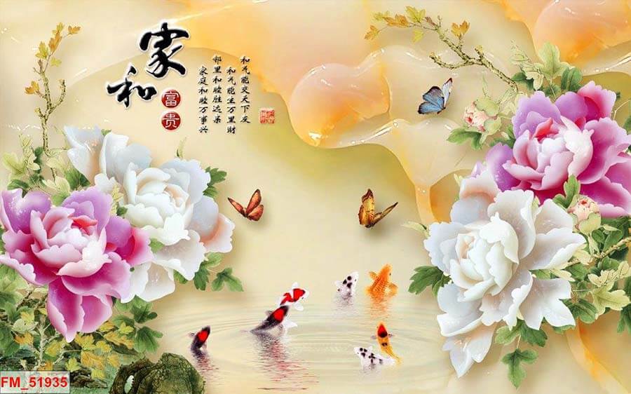 Tranh cá chép hoa mẫu đơn
