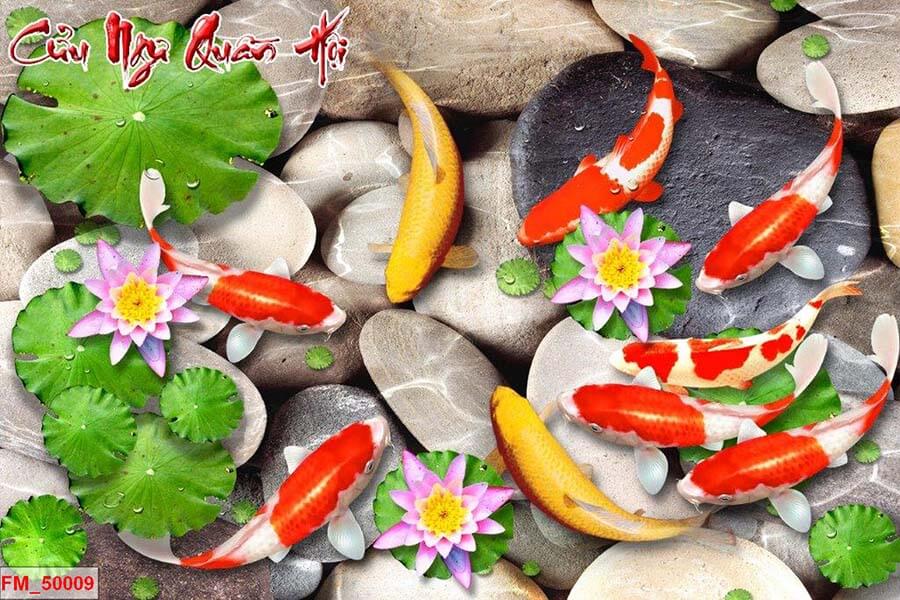 Tranh dán tường cá chép hoa sen 3d